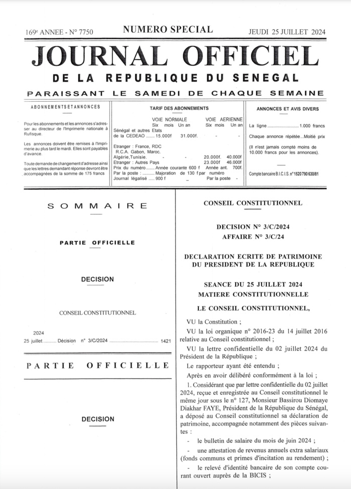 Publication Officielle : La Déclaration de Patrimoine du Président Bassirou Diomaye Diakhar Faye