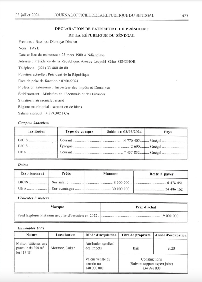 Publication Officielle : La Déclaration de Patrimoine du Président Bassirou Diomaye Diakhar Faye