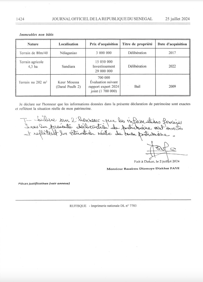 Publication Officielle : La Déclaration de Patrimoine du Président Bassirou Diomaye Diakhar Faye
