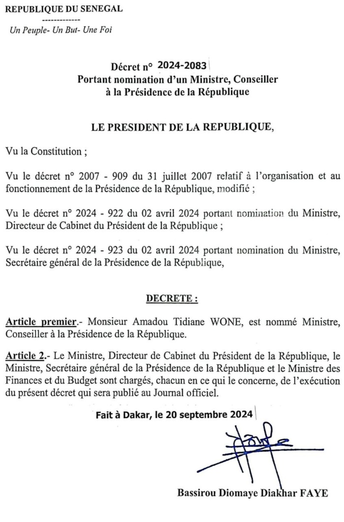 Amadou Tidiane Wone nommé ministre, conseiller à la présidence par décret présidentiel