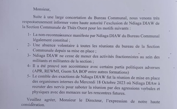 PDS Thiès : Exclusion de Ndiaga Diaw de la section communale de Thiès-Ouest